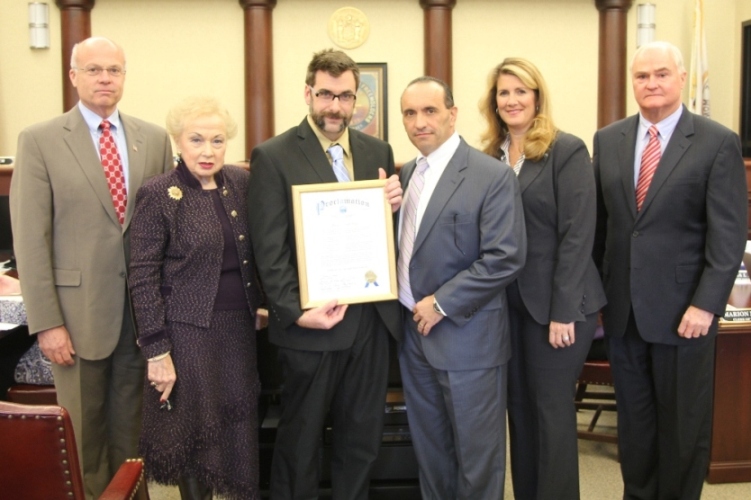 Tom Brennan, general radio manager at Brookdale Community College, accepted a proclamation from the Monmouth County Board of Chosen Freeholders applauding local radio efforts before, during and after Superstorm Sandy, on behalf of “Brookdale Public Radio, 90.5 The Night.” Pictured left to right: Freeholder Gary J. Rich, Sr. Freeholder Lillian G. Burry, Tom Brennan, Freeholder Director Thomas A. Arnone, Freeholder Deputy Director Serena DiMaso and Freeholder John P. Curley.